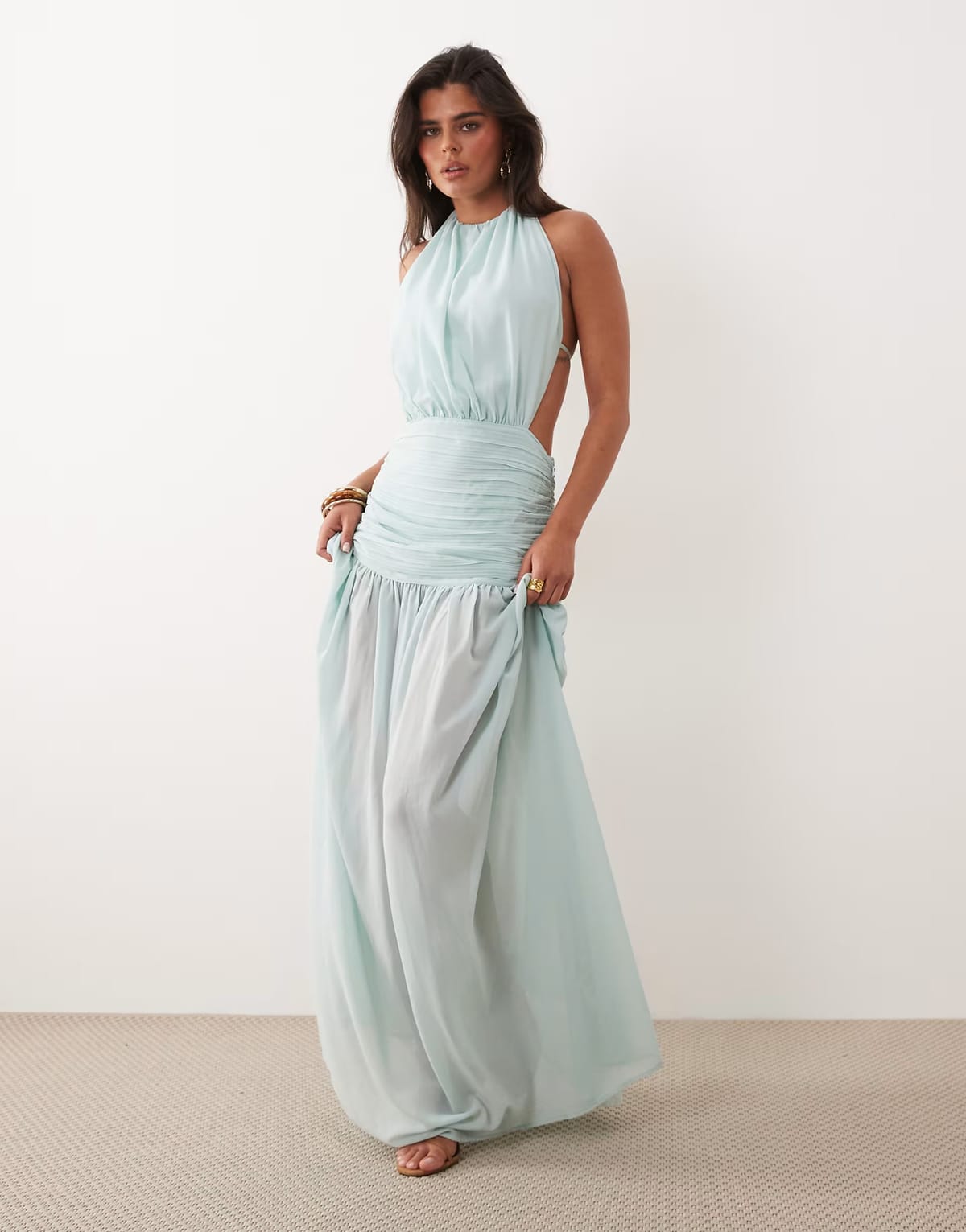 ASOS Noughts & Kisses halterneck pleated cinch waist sheer hem maxi dress in light blue - 1