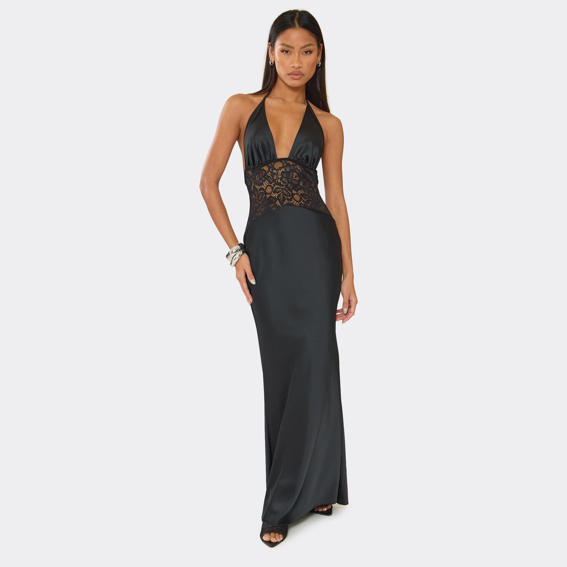 EGO Halterneck Plunge Front Contrast Lace Panel Maxi Dress In Black Satin, Women's Size UK 6