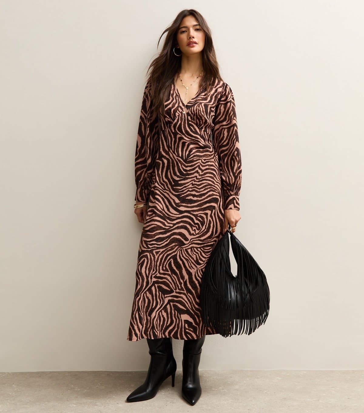 New Look Women's Brown Zebra Print Long Sleeve Midi Dress New Look