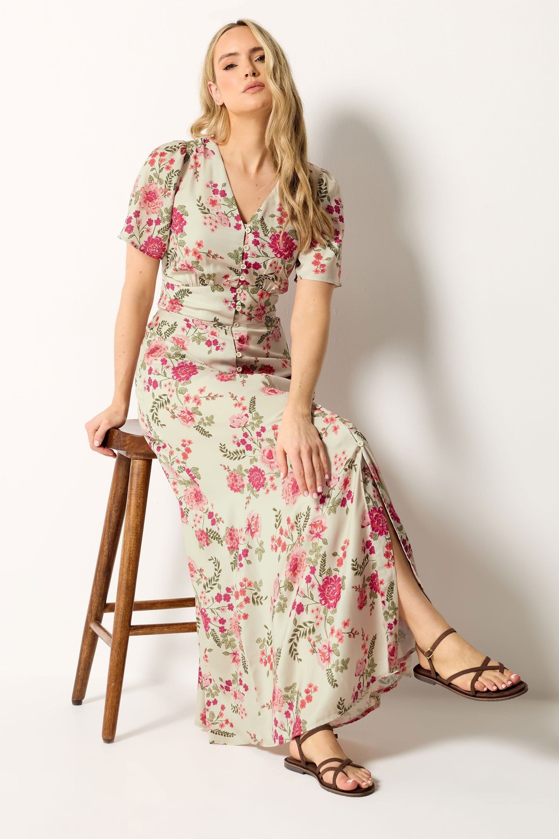 Long Tall Sally Long Tall Sally Women's Tall Floral Satin Maxi Dress in Natural - 4