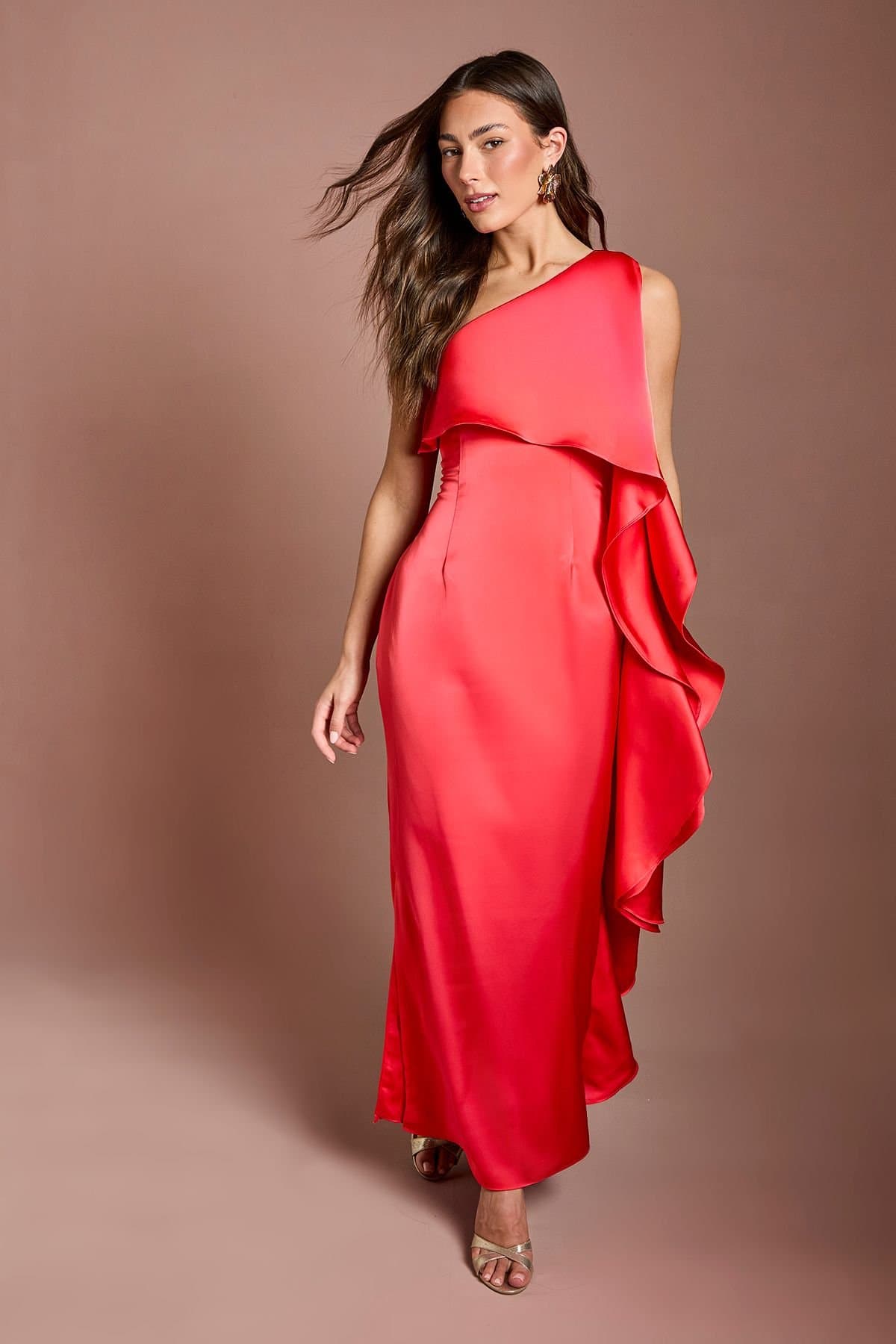 Coast Coast Women's Waterfall One Shoulder Satin Maxi Dress in Coral