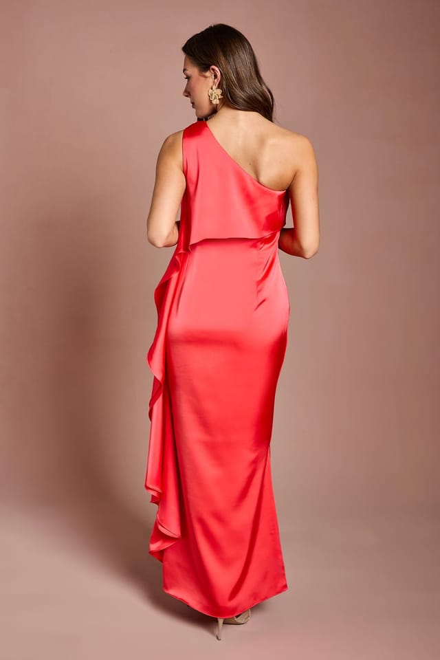 Coast Coast Women's Waterfall One Shoulder Satin Maxi Dress in Coral - 3