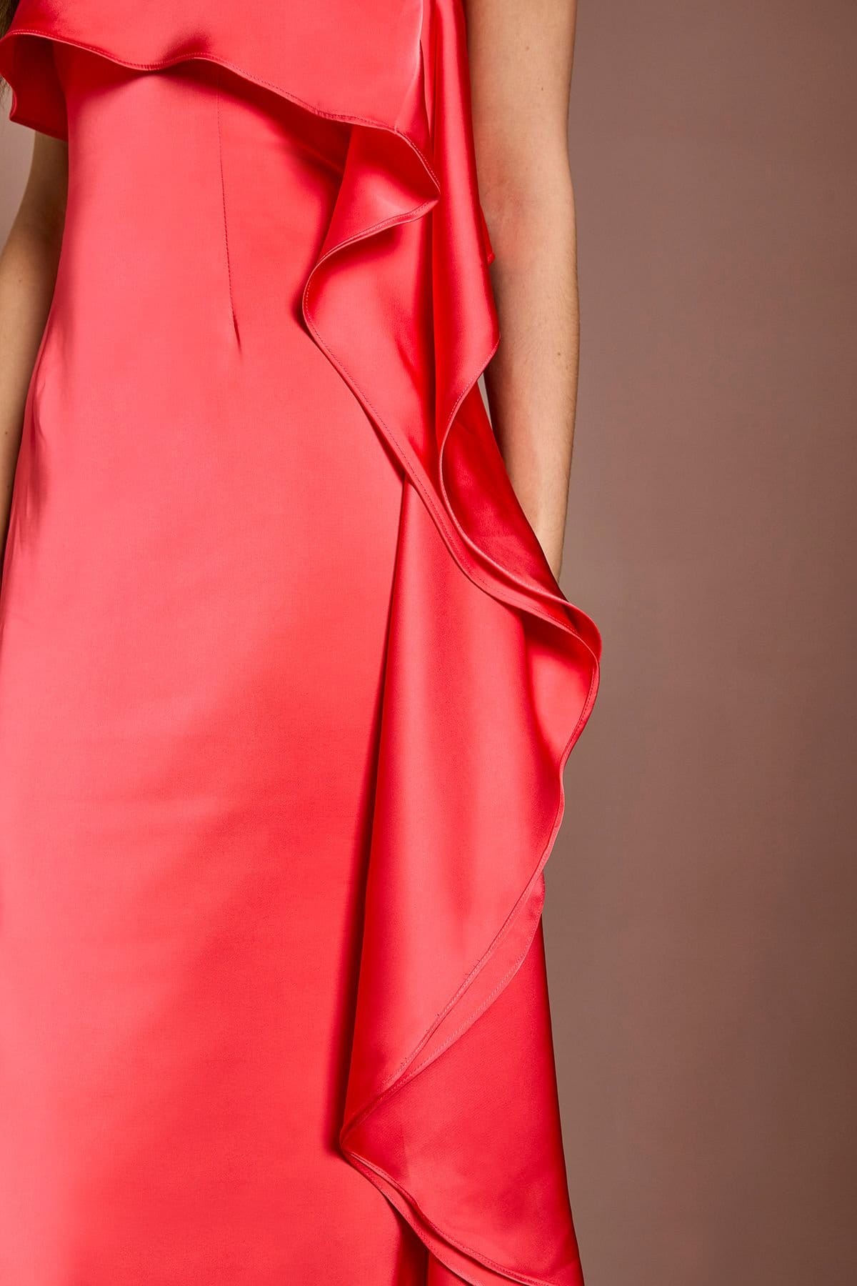 Coast Coast Women's Waterfall One Shoulder Satin Maxi Dress in Coral - 4