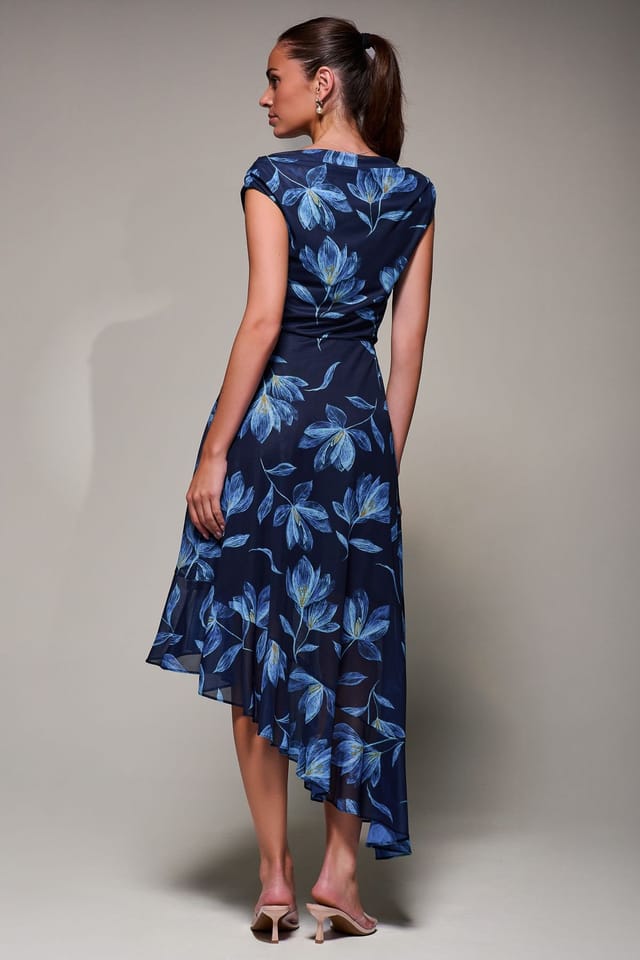 Jolie Moi Jolie Moi Women's Asymmetrical Draped Mesh Midaxi Dress in Navy - 2