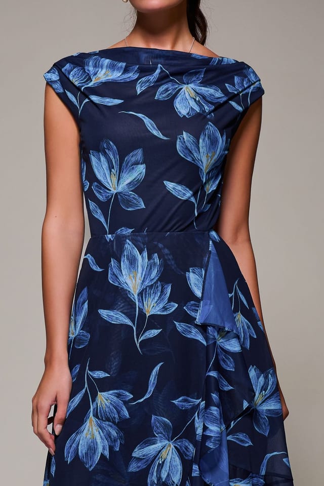 Jolie Moi Jolie Moi Women's Asymmetrical Draped Mesh Midaxi Dress in Navy - 3