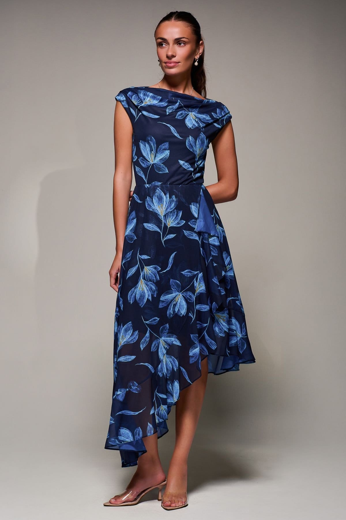 Jolie Moi Jolie Moi Women's Asymmetrical Draped Mesh Midaxi Dress in Navy - 4