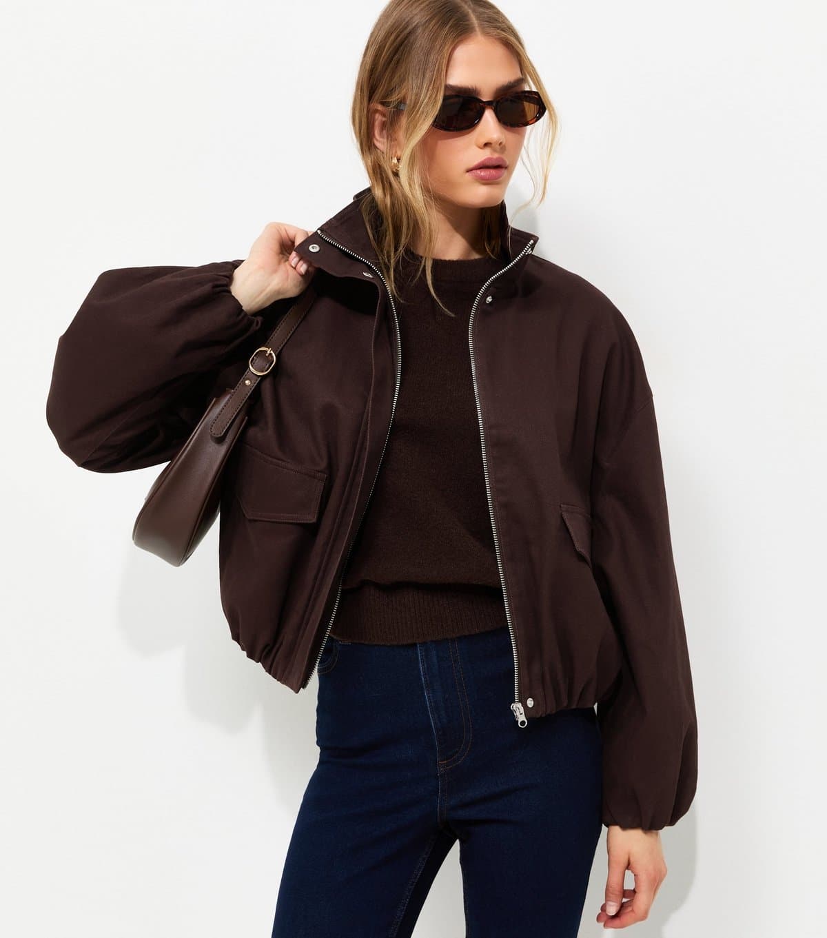 New Look Women's Dark Brown Cotton Funnel Neck Bubble Hem Short Jacket New Look
