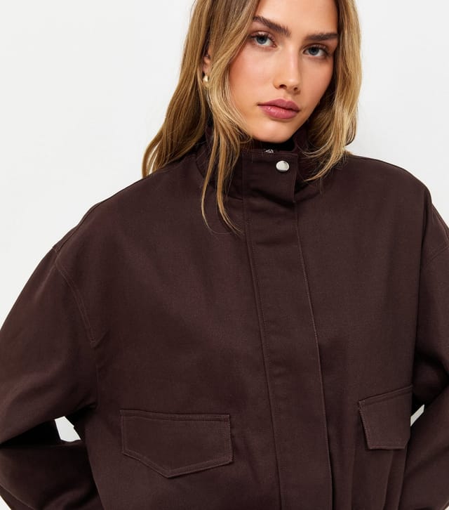 New Look Women's Dark Brown Cotton Funnel Neck Bubble Hem Short Jacket New Look - 2