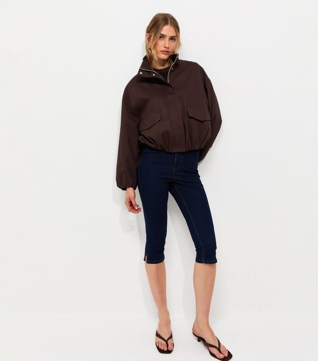 New Look Women's Dark Brown Cotton Funnel Neck Bubble Hem Short Jacket New Look - 3