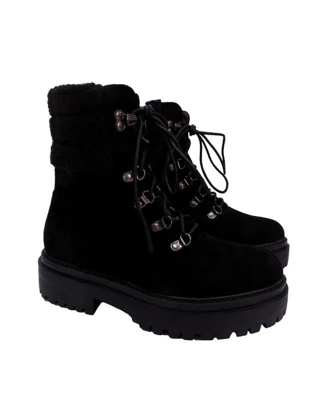 retro Womens Black Faux Suede Combat Ankle Boots Size 3 Chunky Lace Up Zip Goth Biker