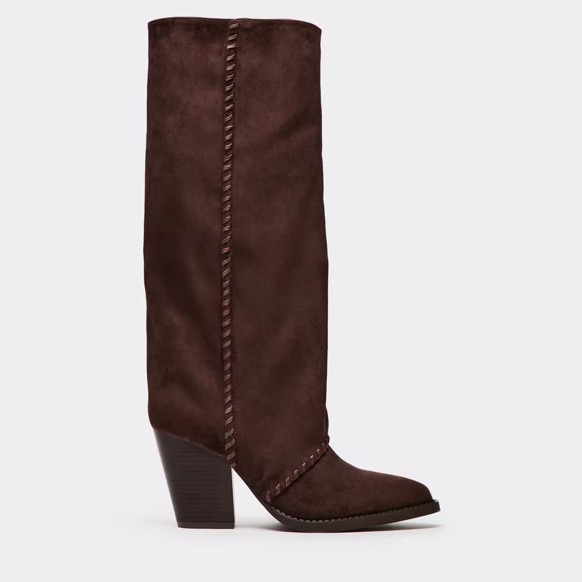 EGO Seri Woven Trim Detail Pointed Toe Knee High Heeled Boot In Brown Faux Suede, Women's Size UK 3