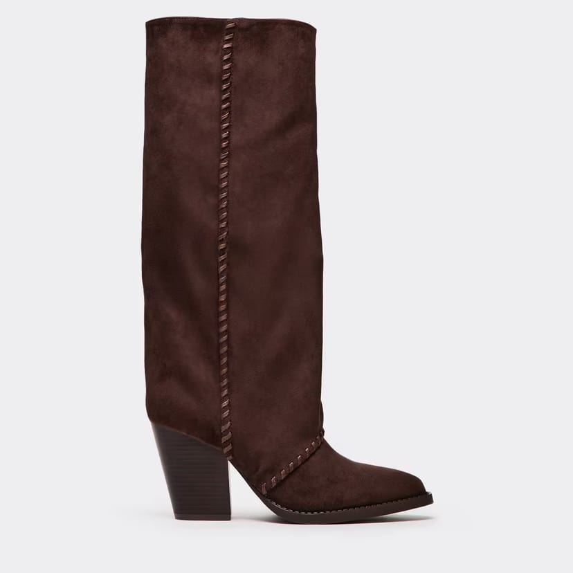 EGO Seri Woven Trim Detail Pointed Toe Knee High Heeled Boot In Brown Faux Suede, Women's Size UK 3 - 1