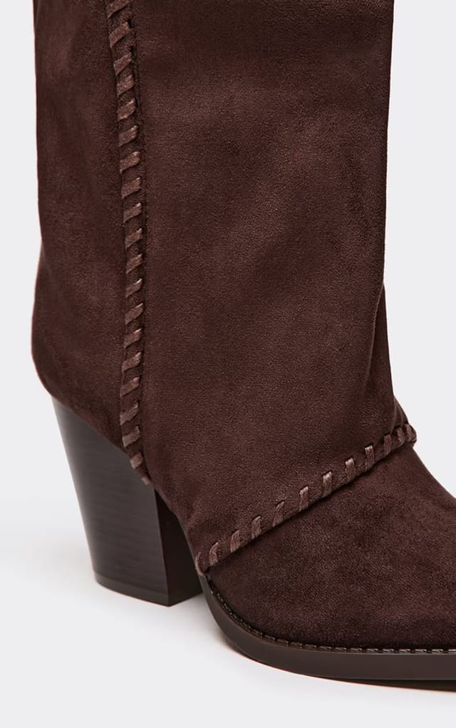 EGO Seri Woven Trim Detail Pointed Toe Knee High Heeled Boot In Brown Faux Suede, Women's Size UK 3 - 2