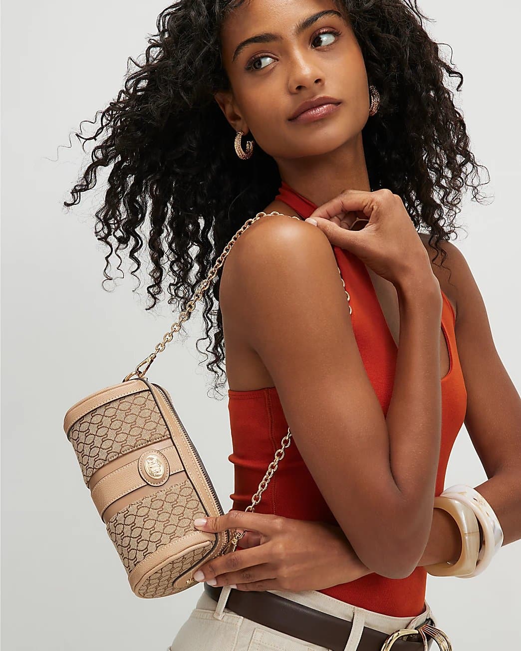 River Island River Island Womens Beige Jacquard Monogram Mini Barrel Bag