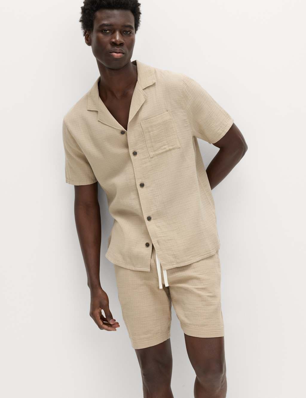 Marks & Spencer M&S Pure Cotton Textured Loungewear Top Putty Mix