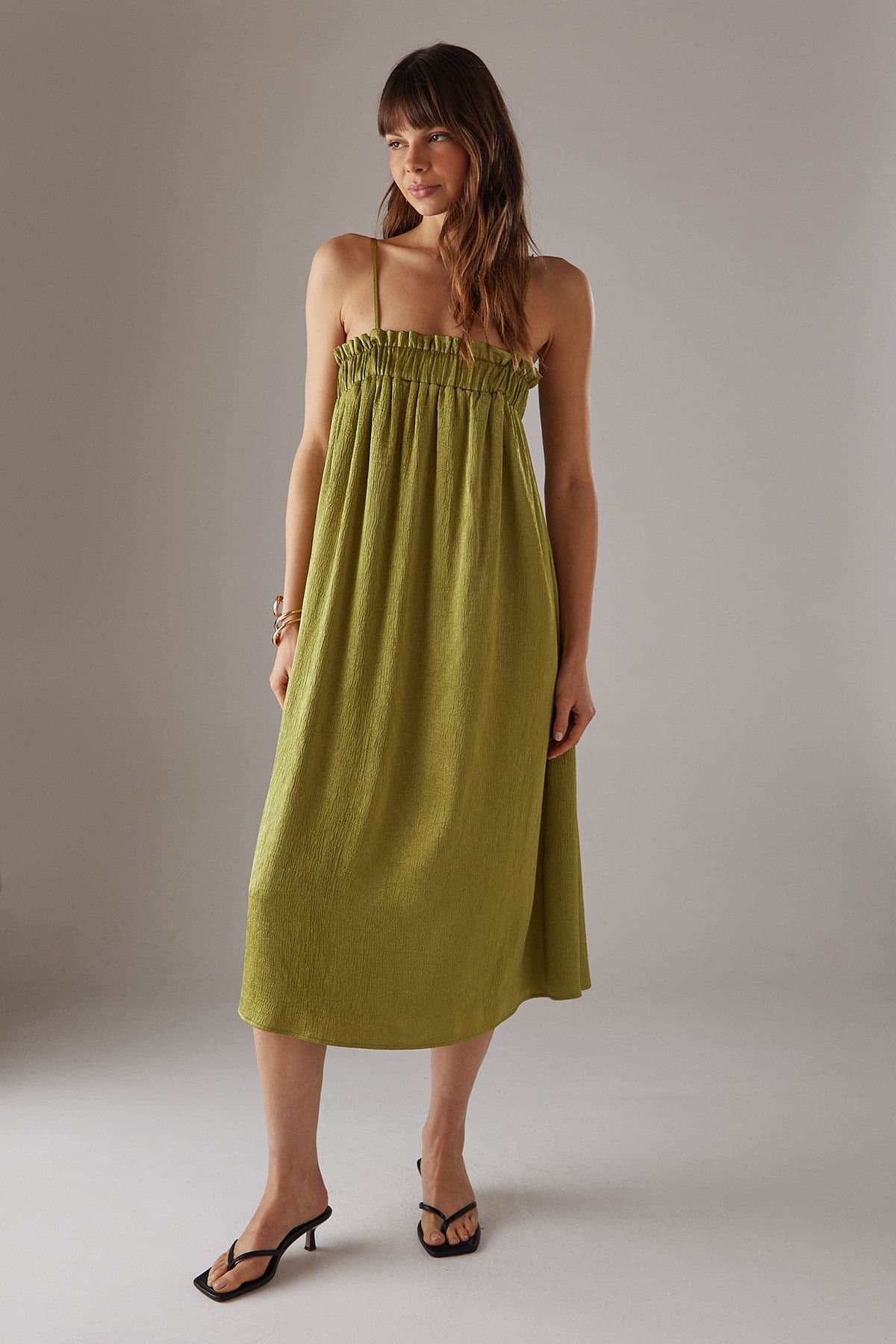 Warehouse Warehouse Women's Crushed Satin Strappy Midi Dress in Olive