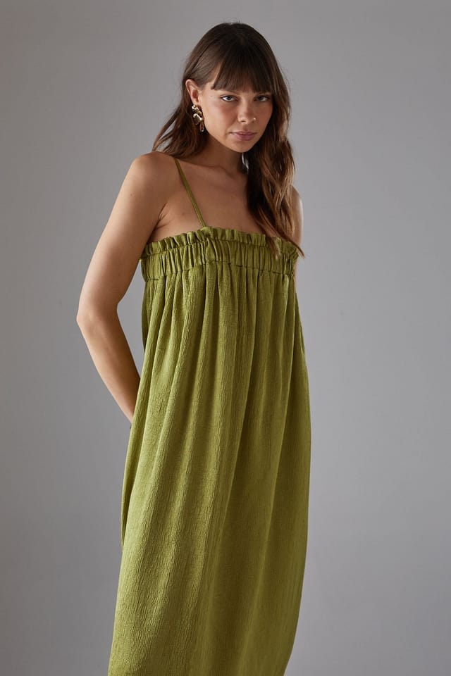 Warehouse Warehouse Women's Crushed Satin Strappy Midi Dress in Olive - 2