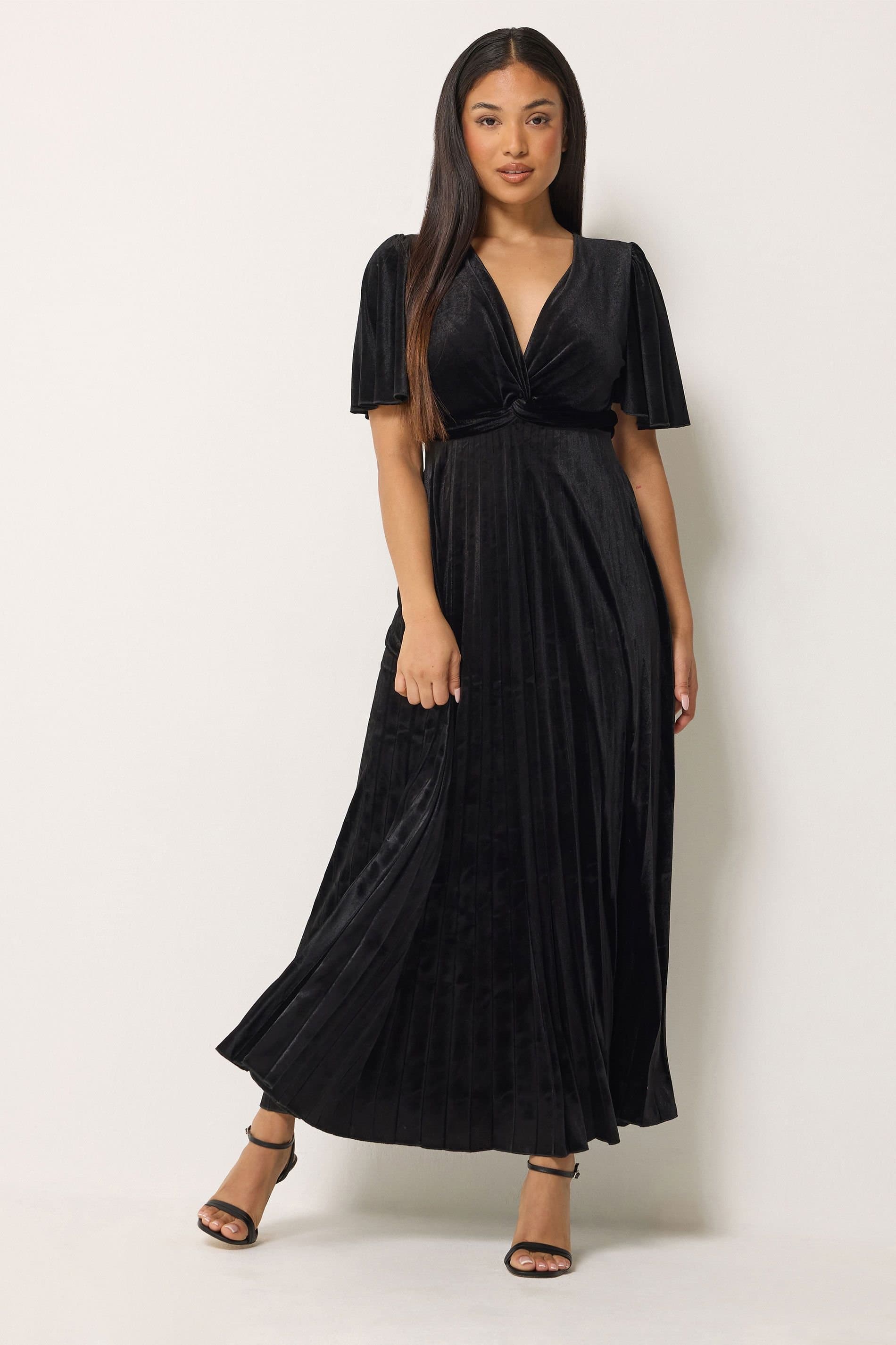 M&Co M&Co Women's Petite Velvet Twist Front Pleated Maxi Dress in Black
