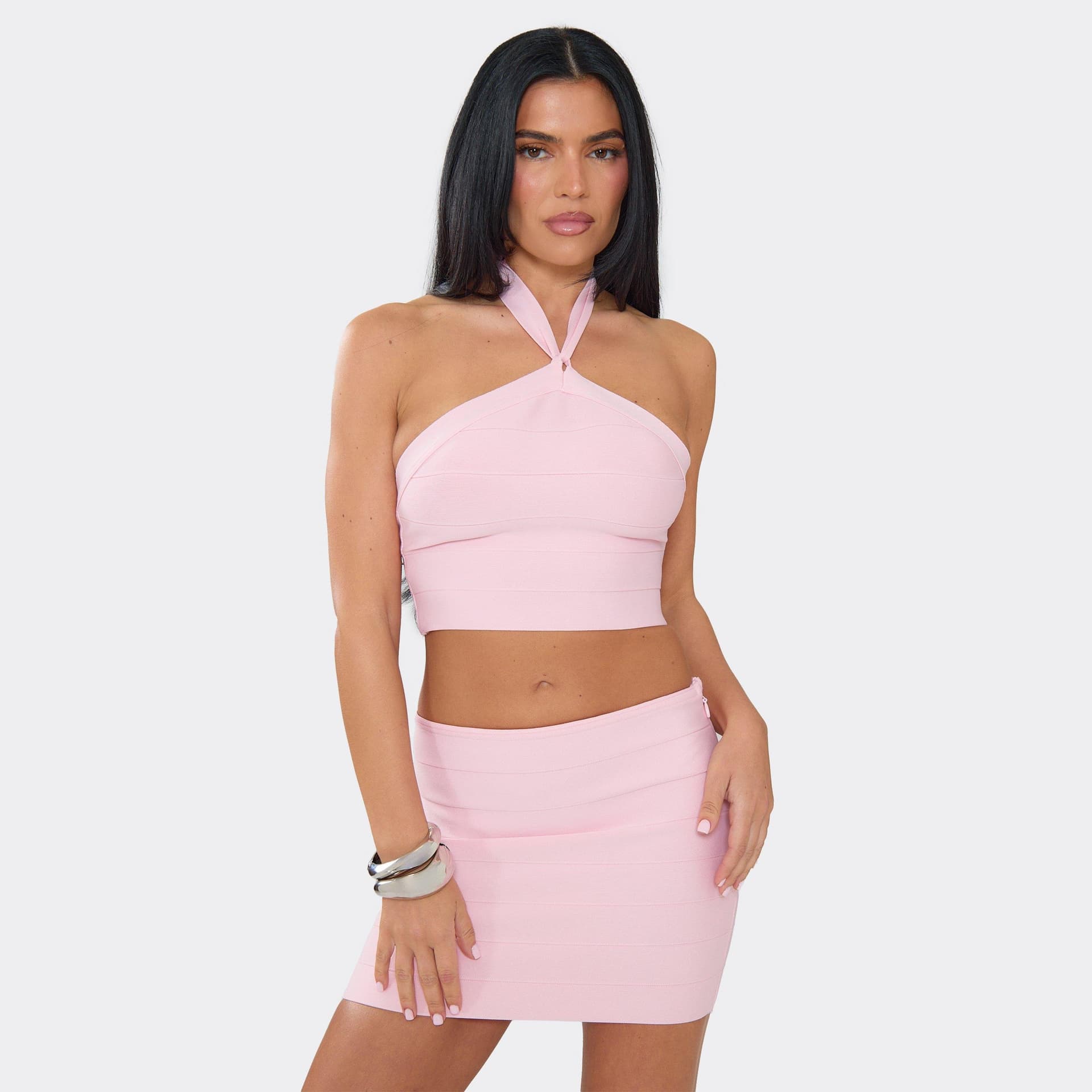 EGO Halterneck Crop Top In Pink Bandage, Women's Size UK 6