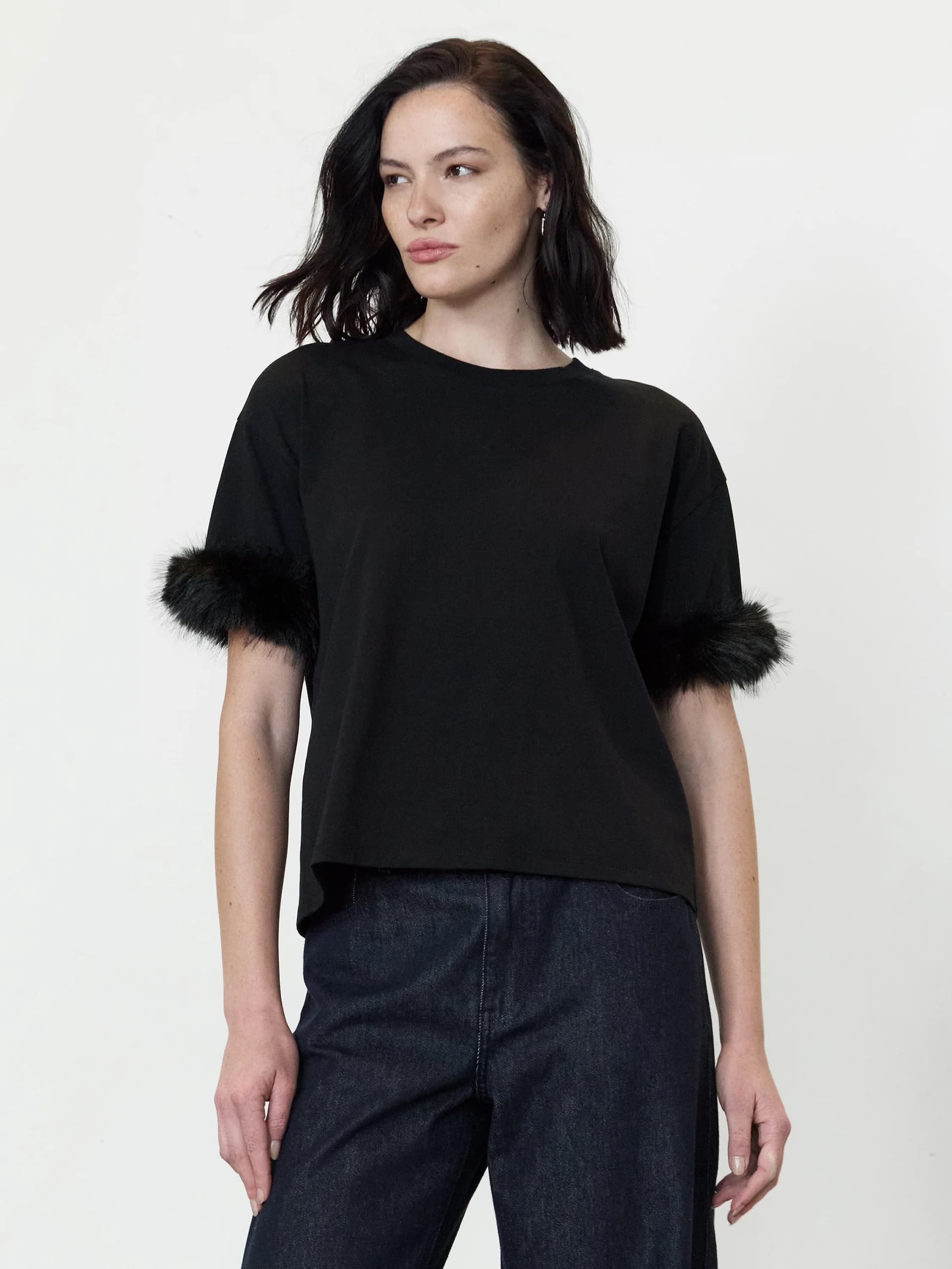 French Connection Rallie Black Faux Fur Trim T-Shirt Black