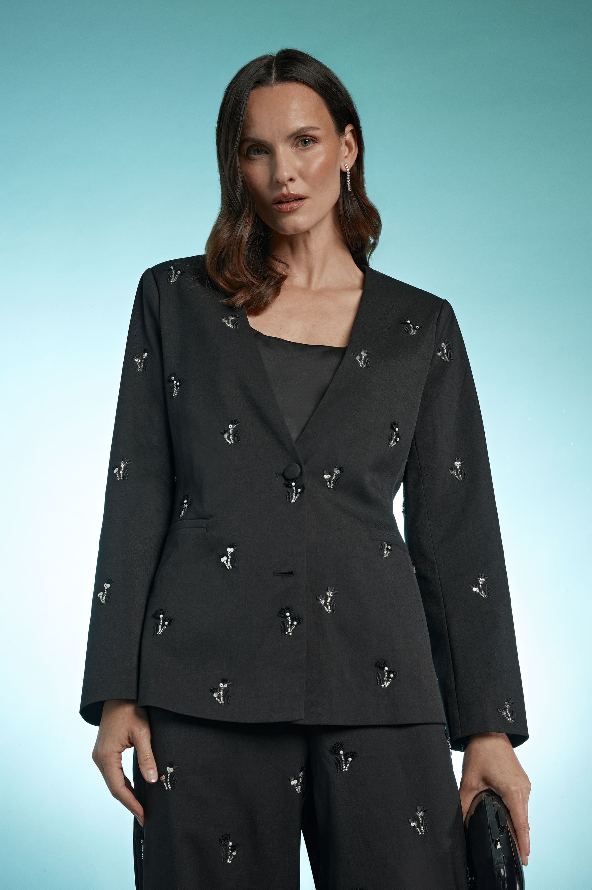 Principles Principles Women's Embroidered Embellished Collarless Blazer in Black