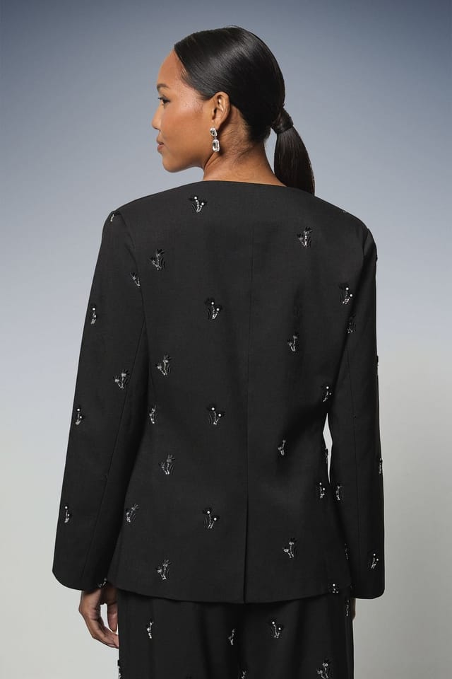 Principles Principles Women's Embroidered Embellished Collarless Blazer in Black - 3