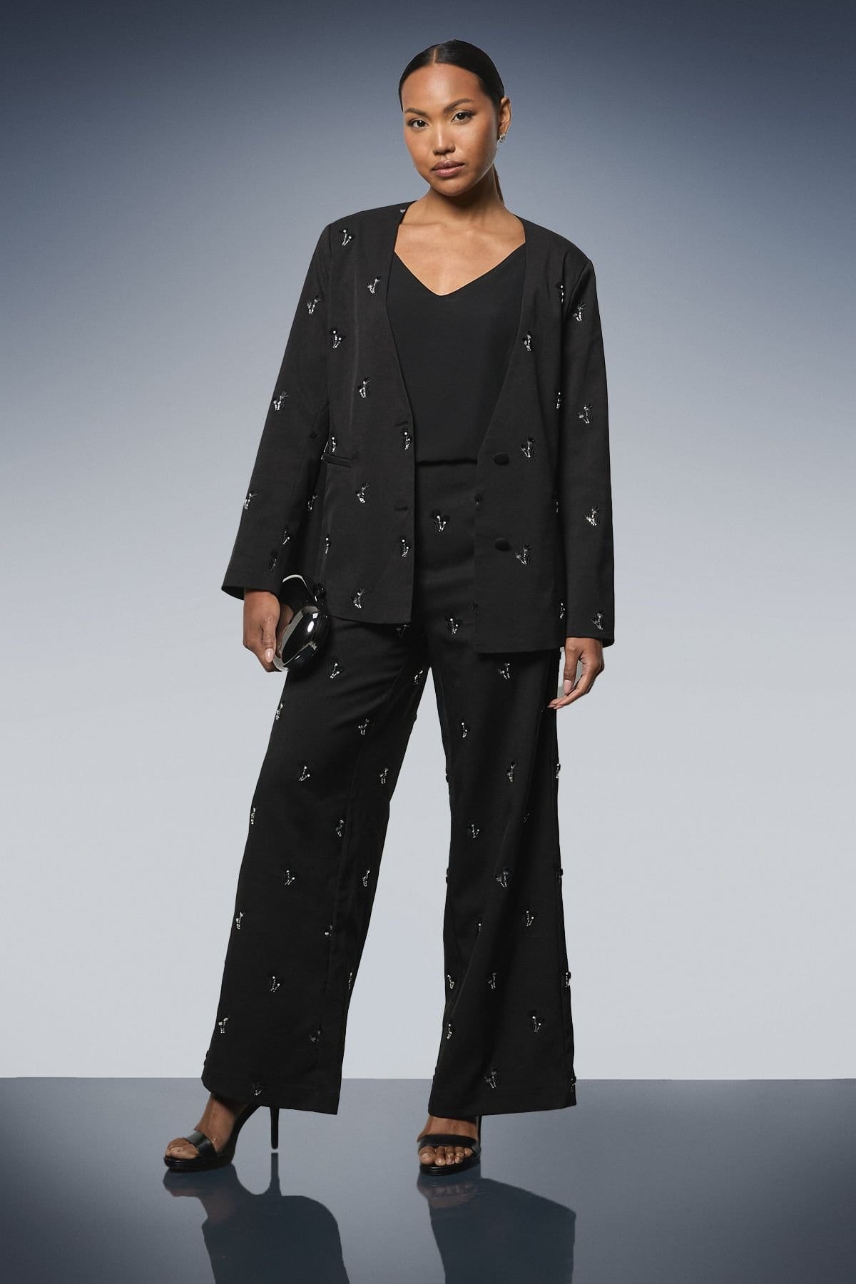 Principles Principles Women's Embroidered Embellished Collarless Blazer in Black - 4