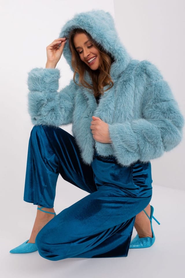 Love Lace Love Lace Women's Fur Trim Hooded Lightweight Transitional Jacket in Light Blue - 2