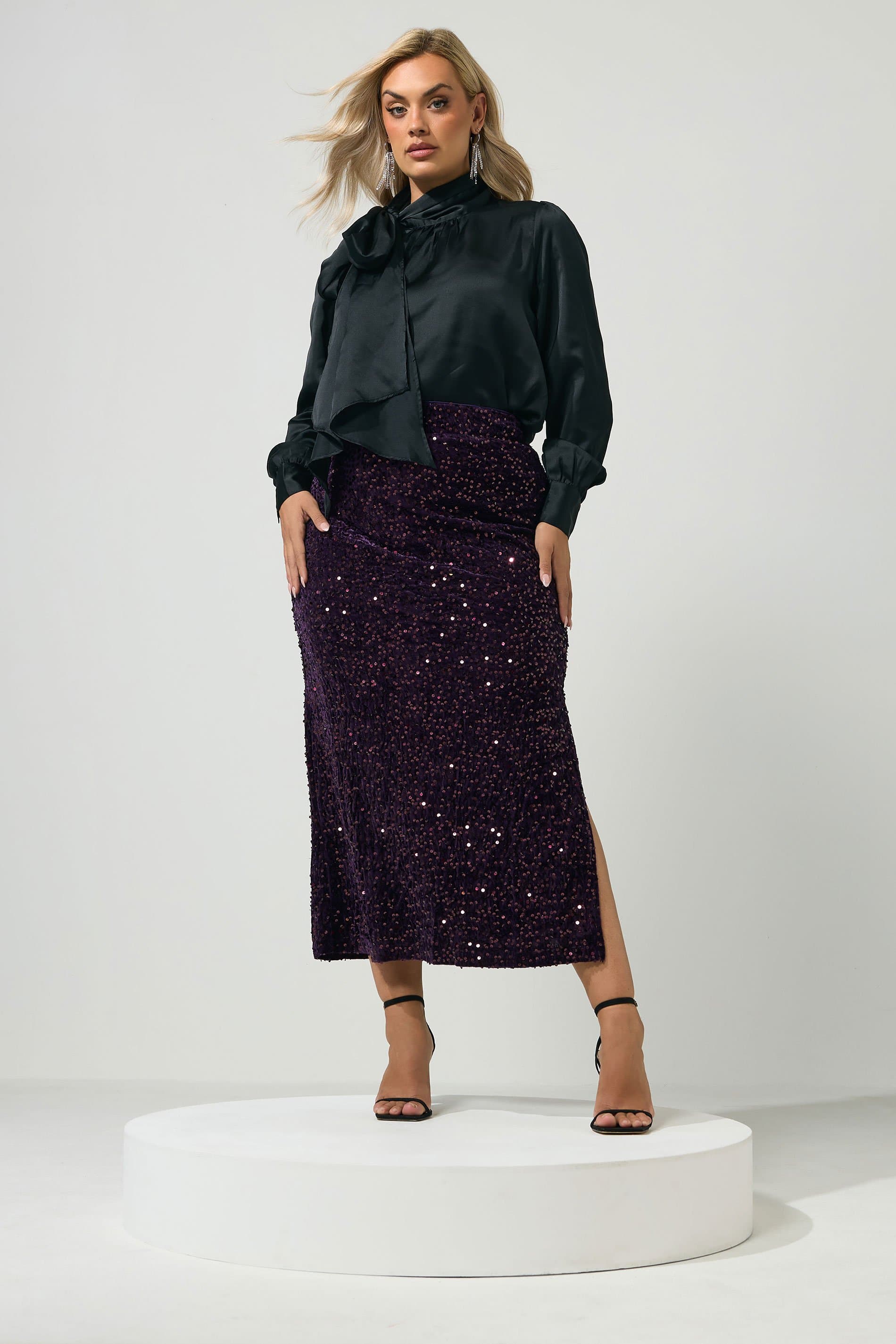 Yours London Plus Size Purple Sequin Velvet Maxi Skirt