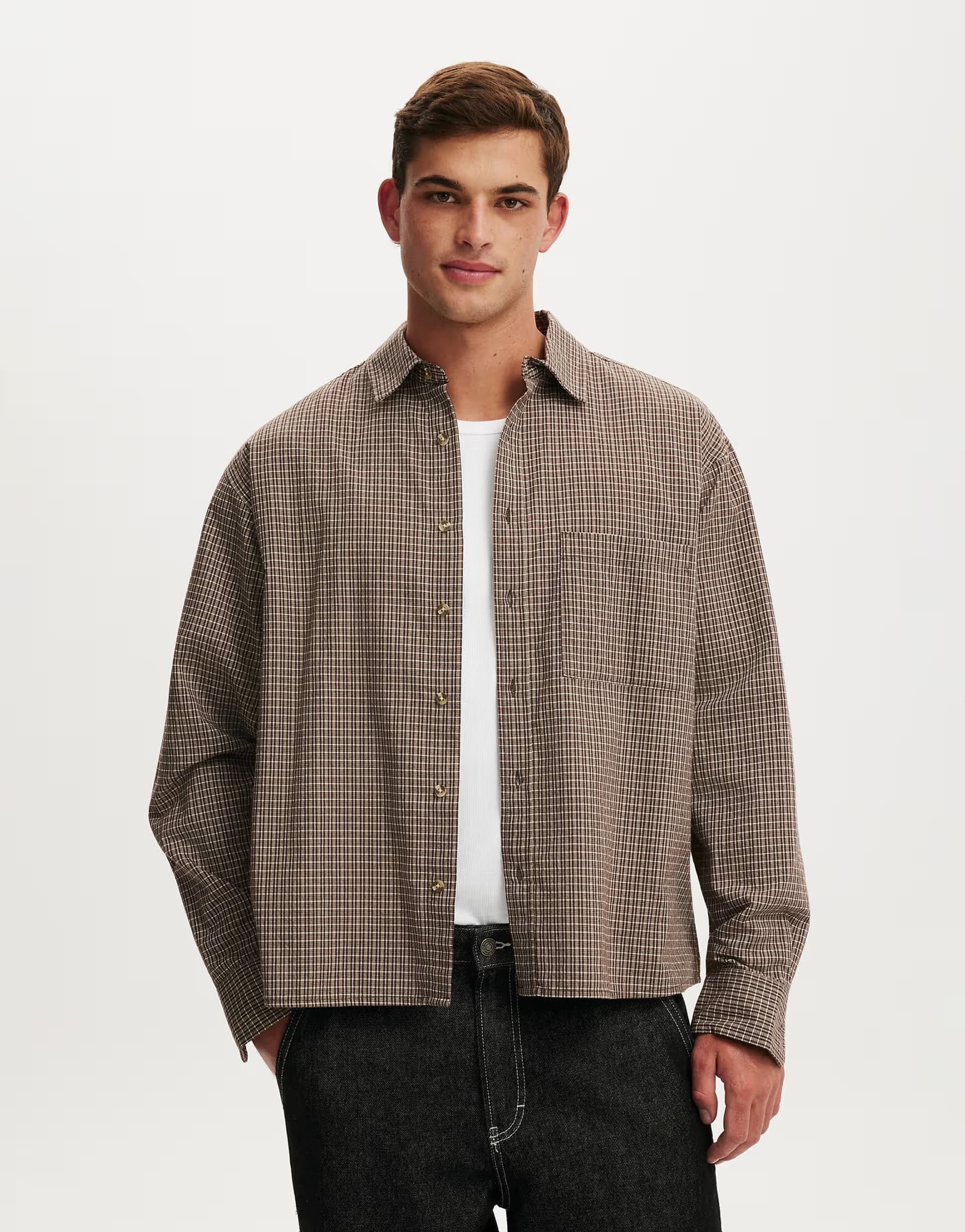 ASOS Cotton On Hudson long sleeve shirt in brown