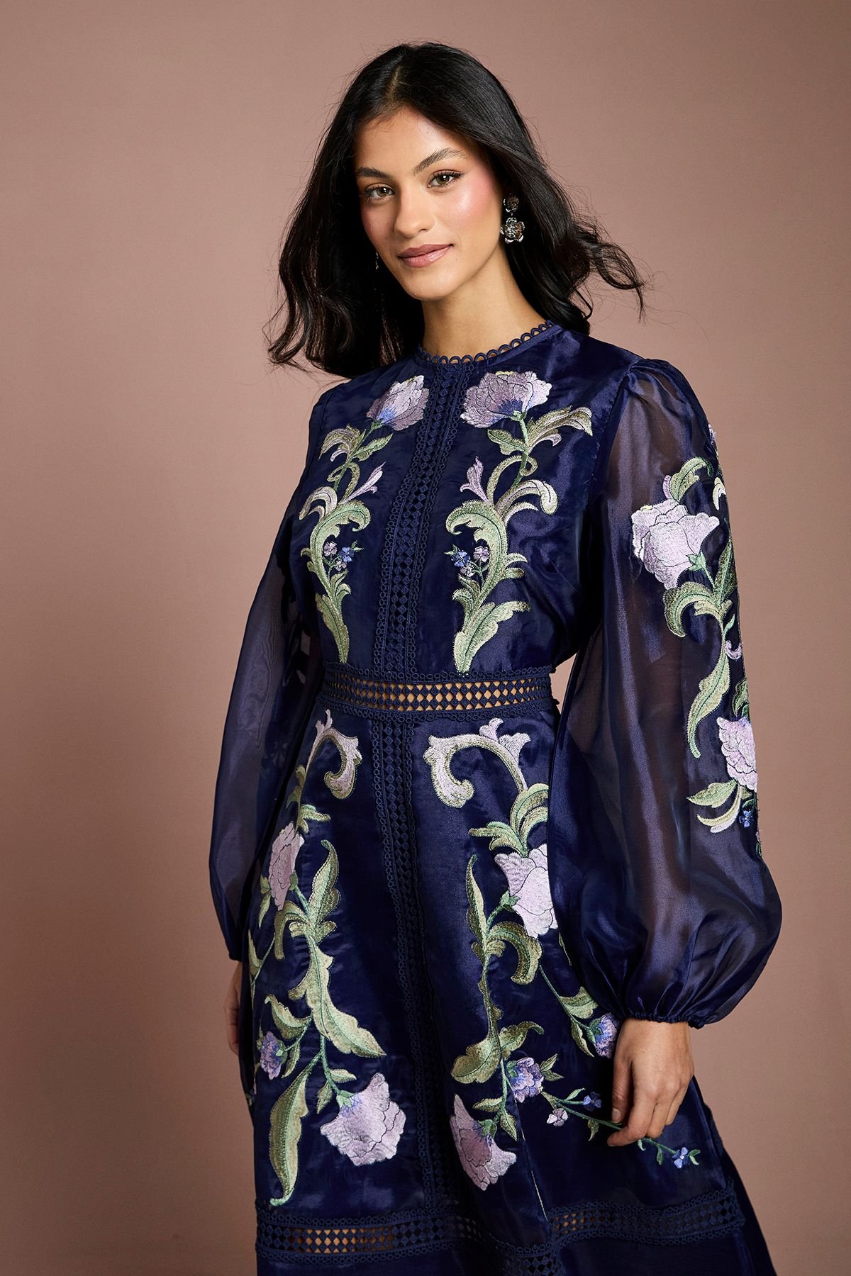 Coast Coast Women's Petite Blouson Sleeve Embroidered Midi Dress in Navy - 2