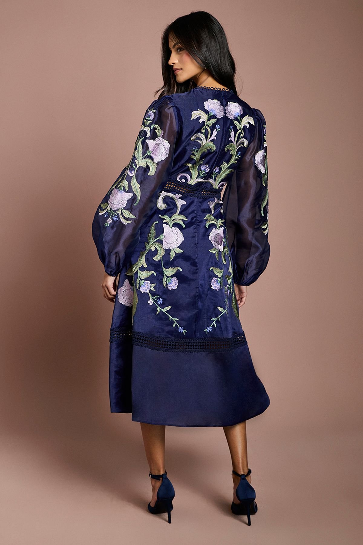 Coast Coast Women's Petite Blouson Sleeve Embroidered Midi Dress in Navy - 3