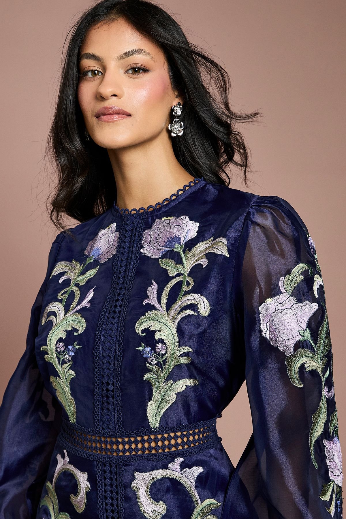 Coast Coast Women's Petite Blouson Sleeve Embroidered Midi Dress in Navy - 4