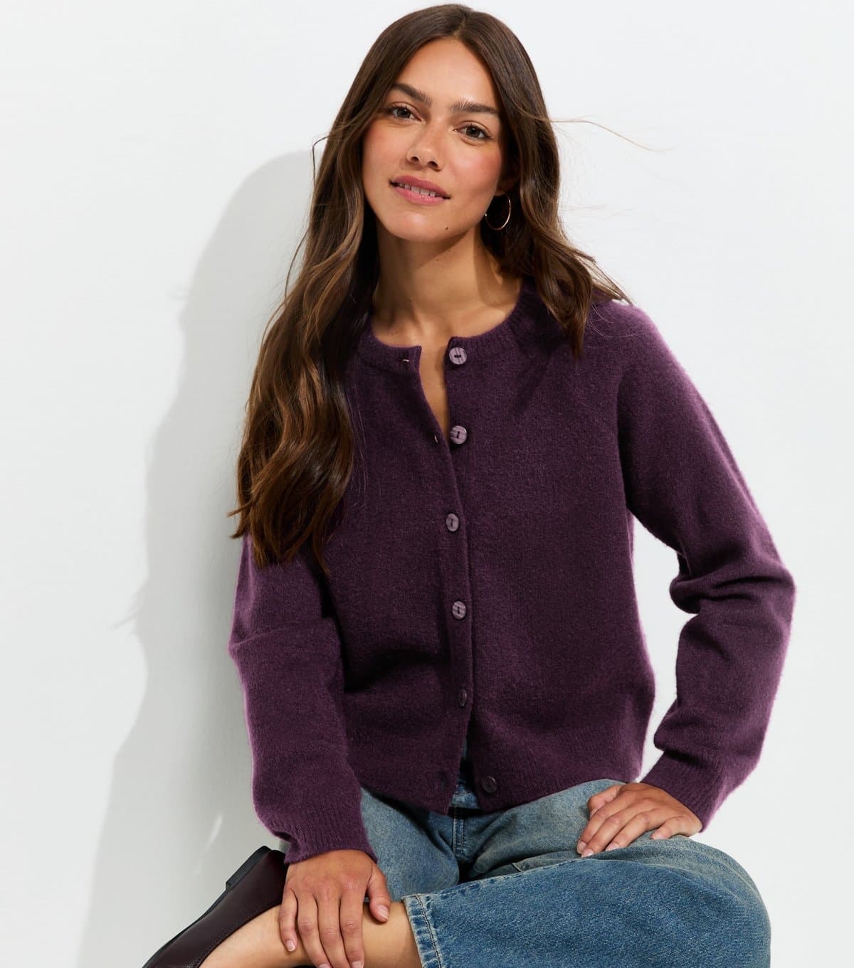 New Look Women's Petite Bright Purple Brushed Knit Raglan Meet The Jean Cardigan New Look