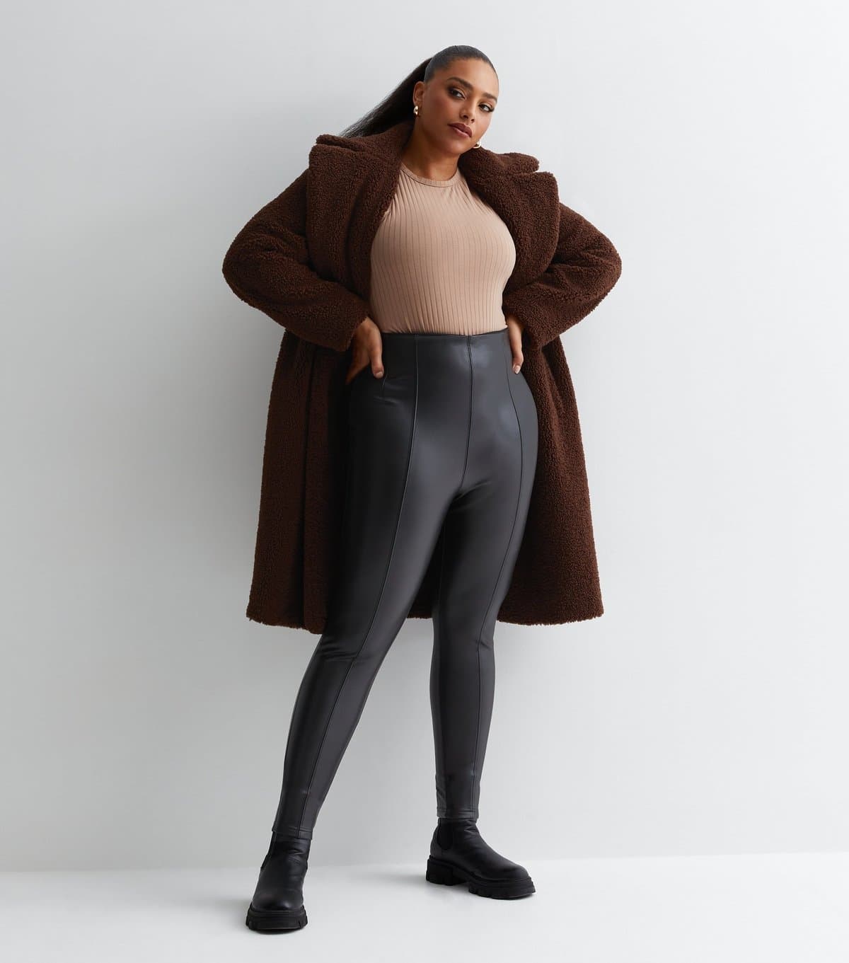 New Look Women's Plus Size Black Leather-Look High Waist Leggings Curves New Look