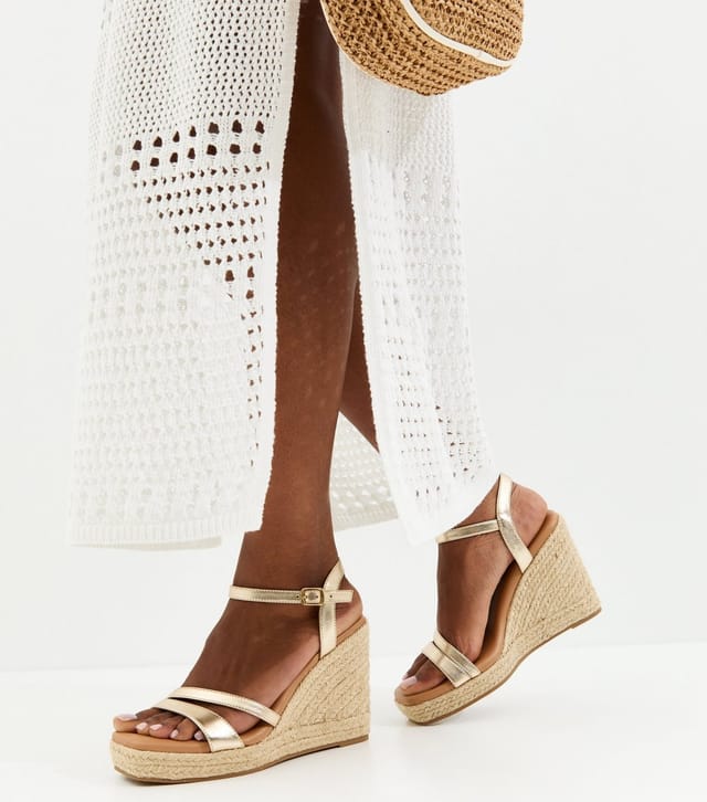 New Look Women's Gold Faux Leather Double Strap Wedge Sandals Vegan New Look - 2