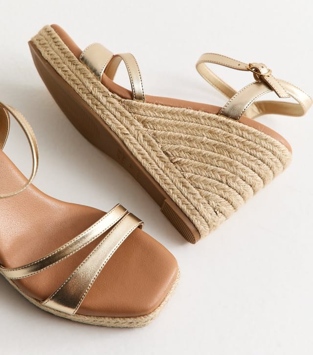 New Look Women's Gold Faux Leather Double Strap Wedge Sandals Vegan New Look - 3