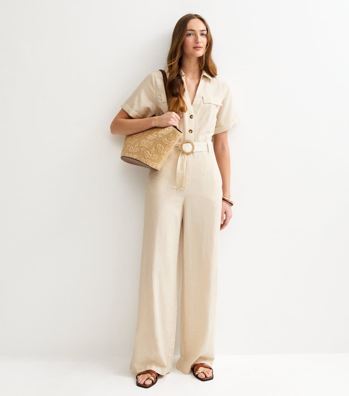 New Look Women's Tall Stone Linen Look Short Sleeve Belted Jumpsuit New Look