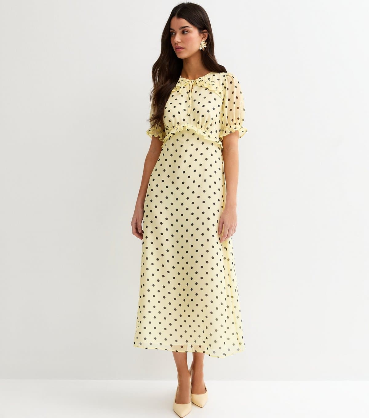 New Look Women's Yellow Chiffon Polka Dot Short Sleeve Midi Dress New Look