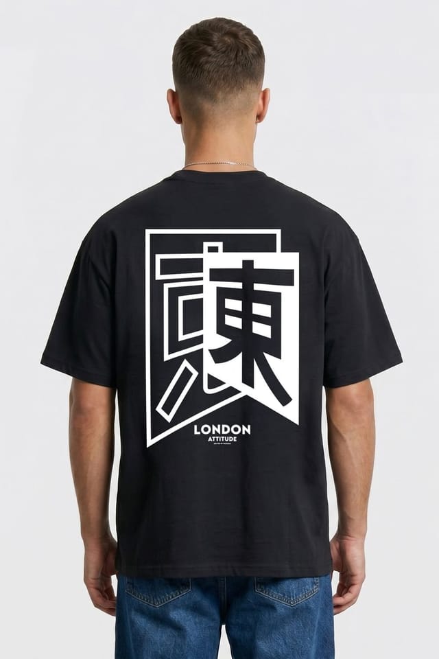 LONDON ATTITUDE LONDON ATTITUDE Men's Japanese inspired Oversized Heavyweight Cotton T-Shirt in Black - 2