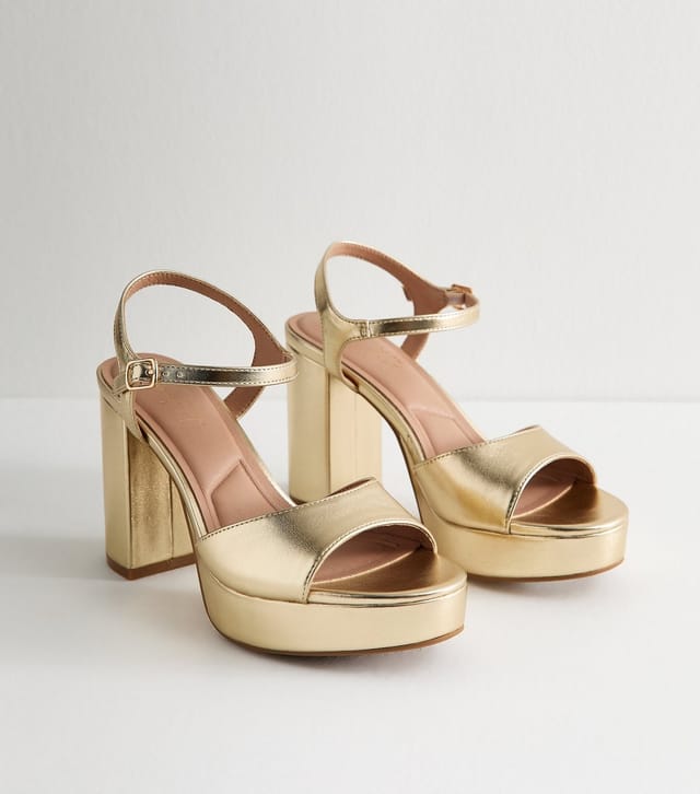 New Look Women's Gold Faux Leather Platform Sole Block Heel Sandals Vegan New Look - 2