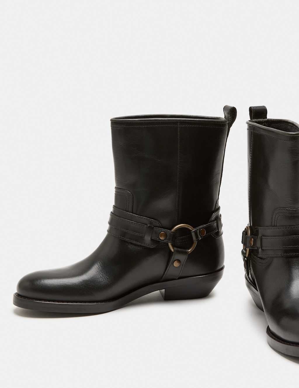 Marks & Spencer M&S Leather Cowboy Block Heel Mid Calf Boots Black