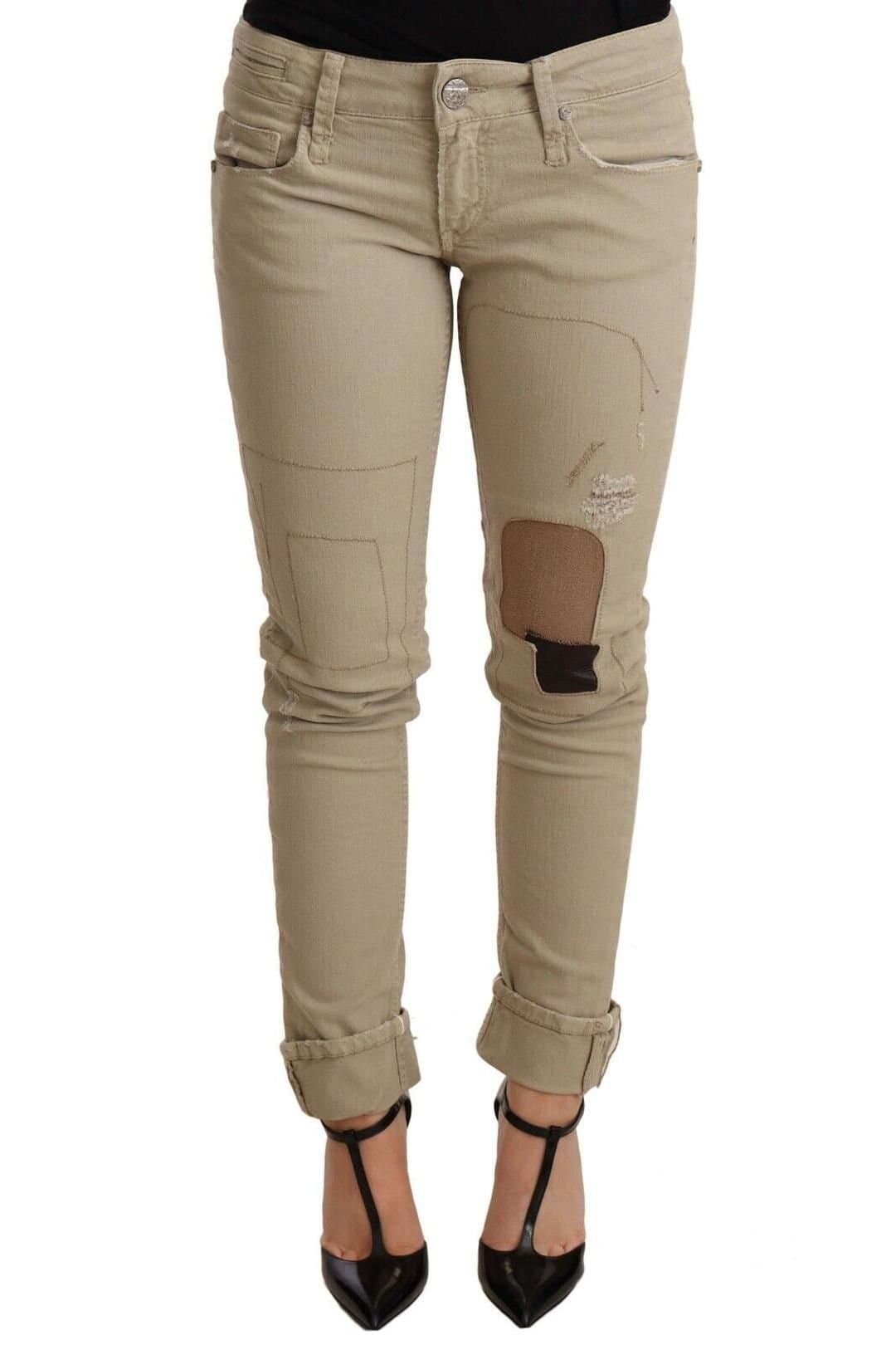 Acht Acht Women's Beige Denim Cotton Bottom Slim Fit Folded Pant