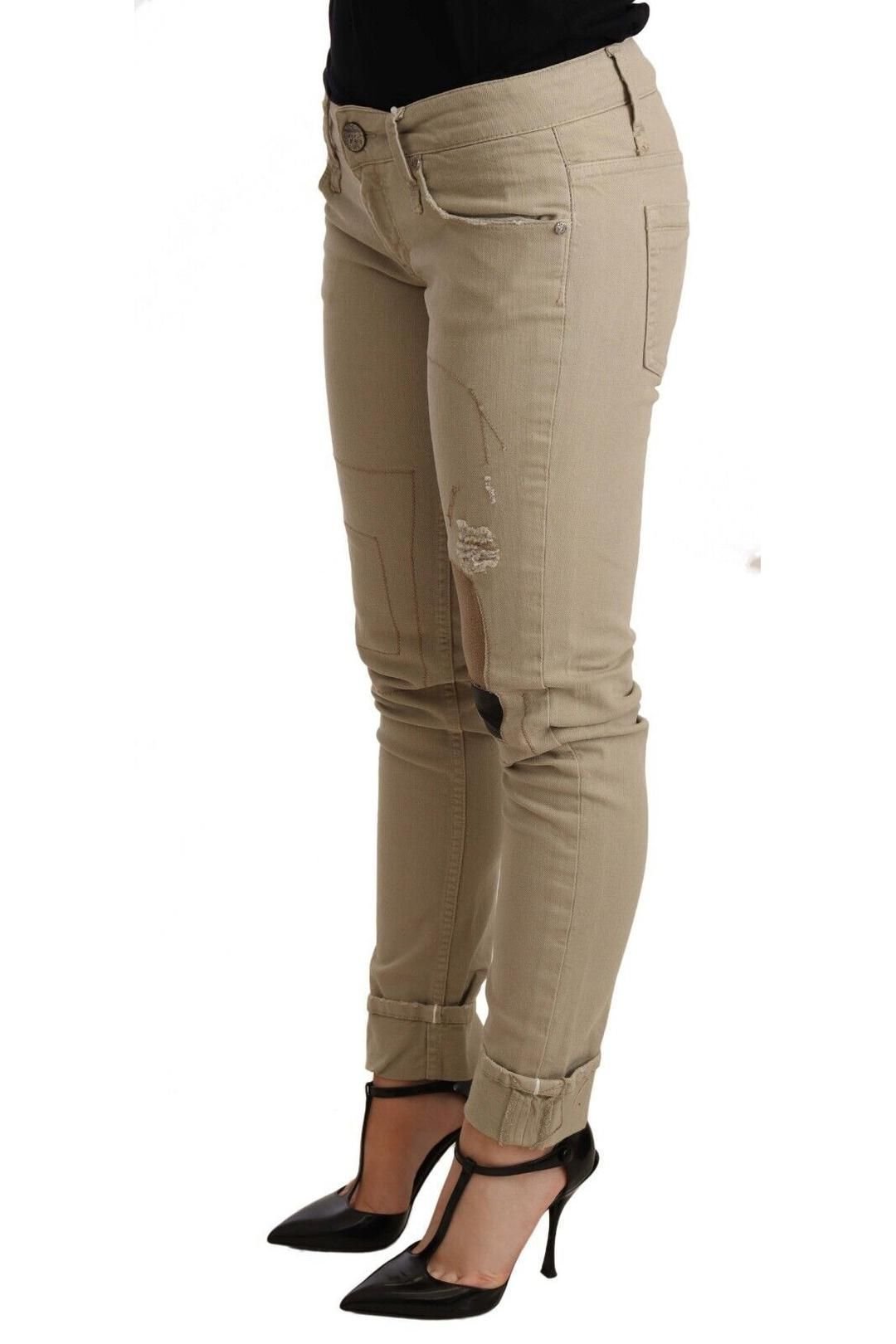 Acht Acht Women's Beige Denim Cotton Bottom Slim Fit Folded Pant - 2