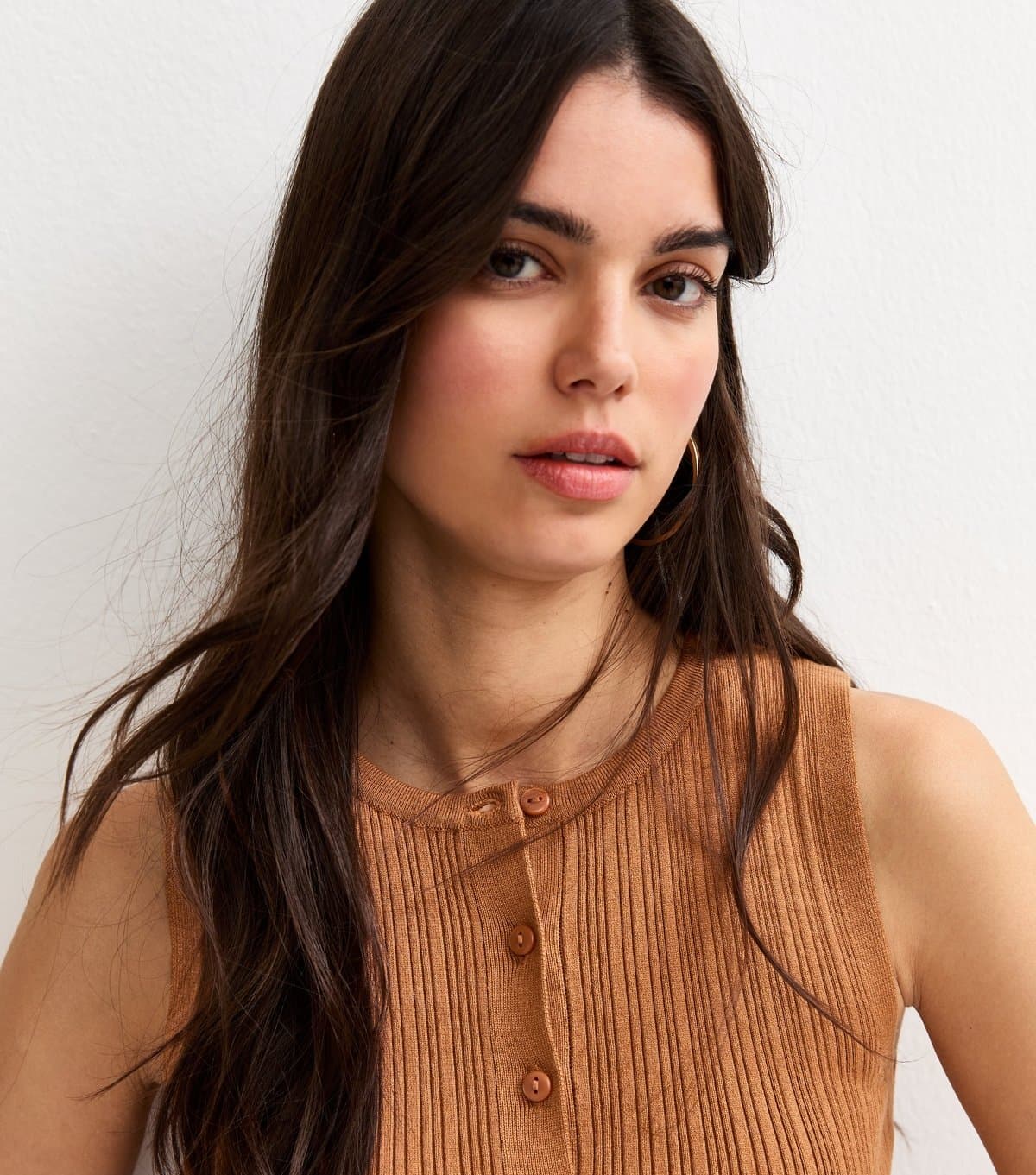 New Look Women's Tan Lightweight Rib Button Vest Top New Look