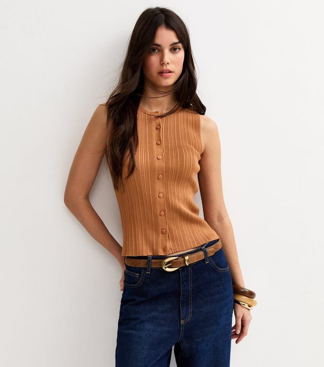 New Look Women's Tan Lightweight Rib Button Vest Top New Look - 3