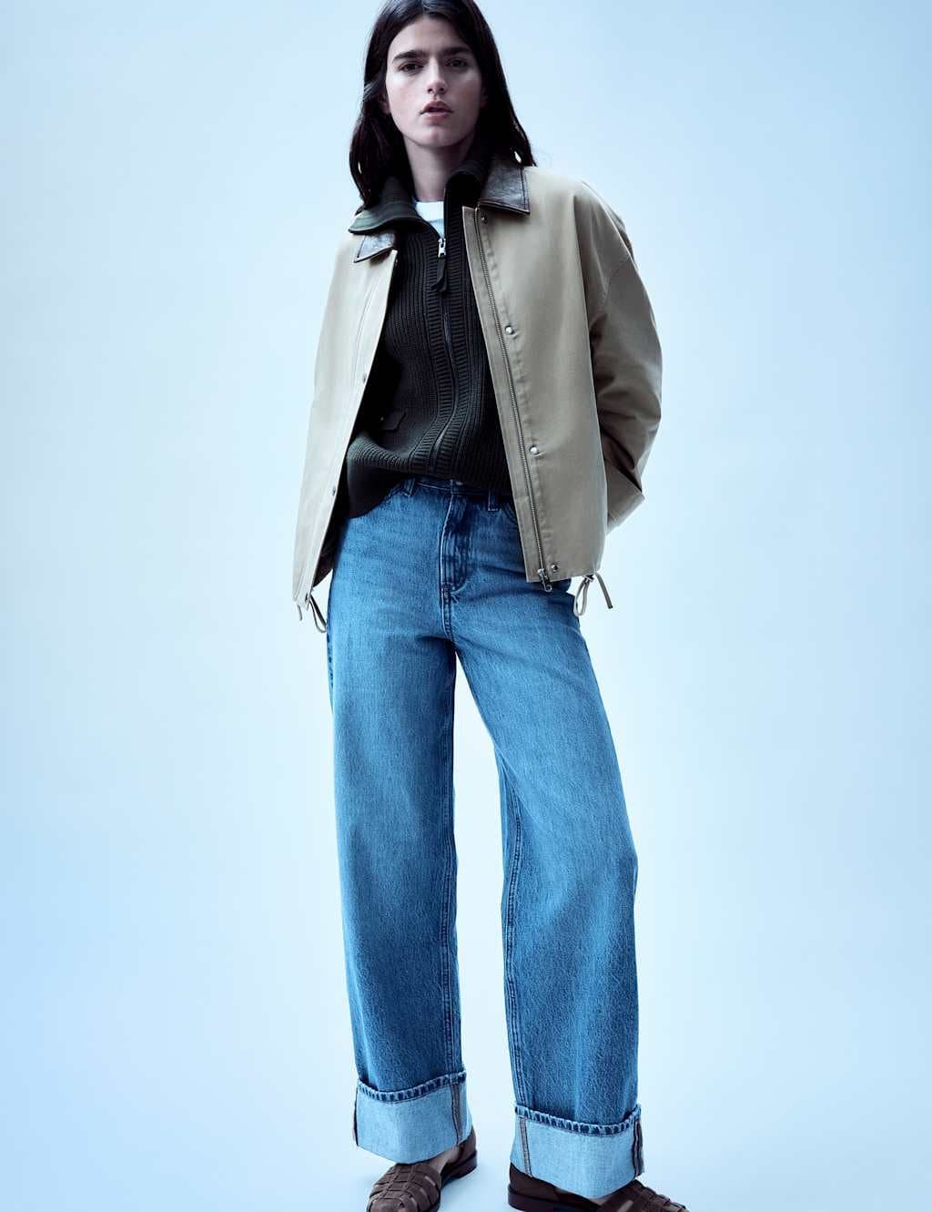 Marks & Spencer M&S High Waisted Wide Leg Turn Up Jeans Medium Indigo