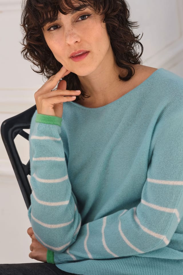 Pure Collection Pure Collection Women's Gassato Cashmere Stripe Sleeve Sweater in Light Blue - 3