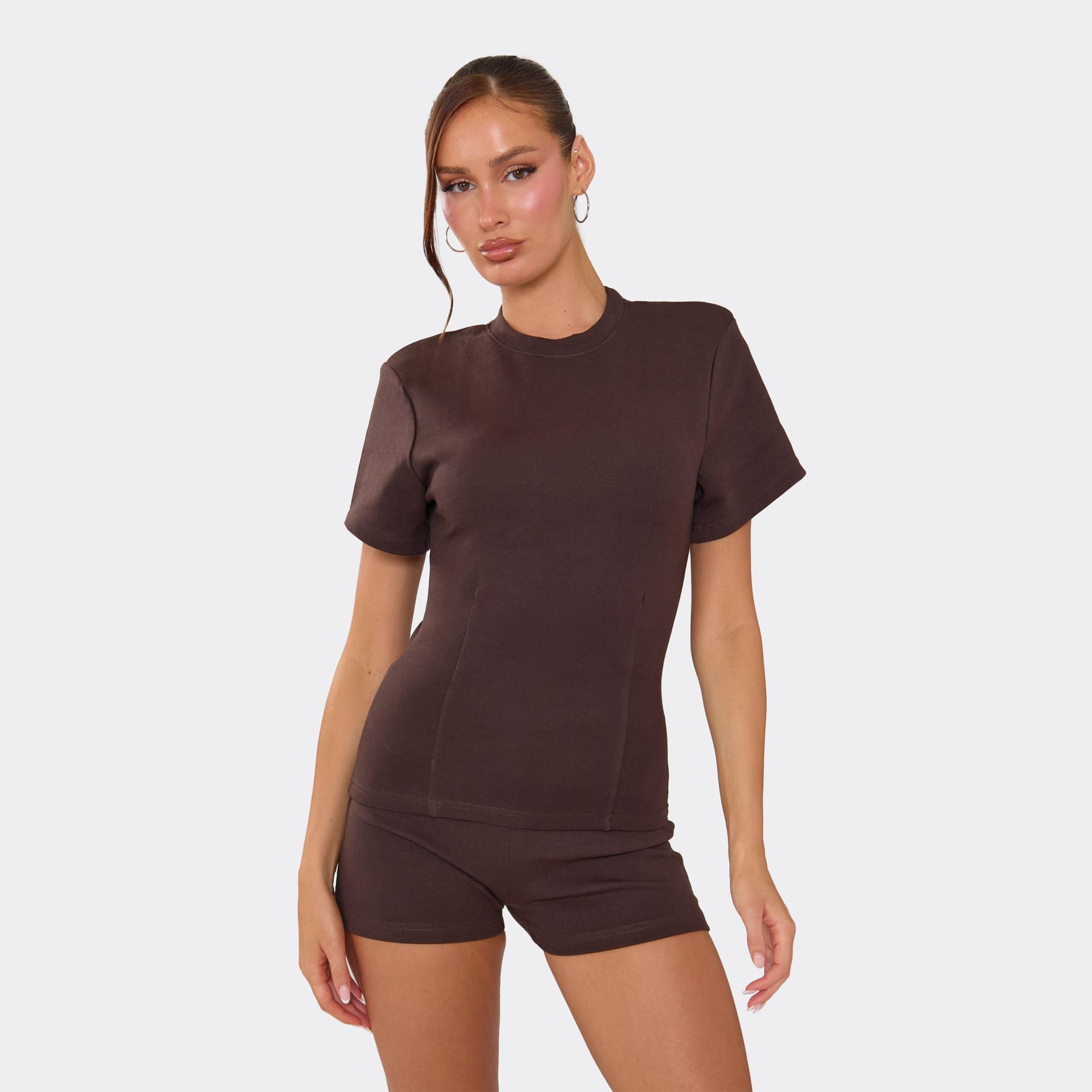 EGO Short Sleeve Shoulder Pad Seam Detail Cinched Waist Top In Chocolate Interlock, Women's Size UK 6