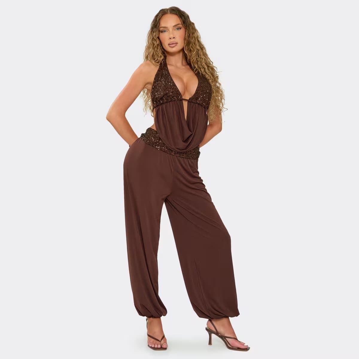 EGO Cowl Halterneck Plunge Front Sequin Panel Detail Top And Blouson Trouser Co-Ord Set In Chocolate Brown, Women's Size UK 6